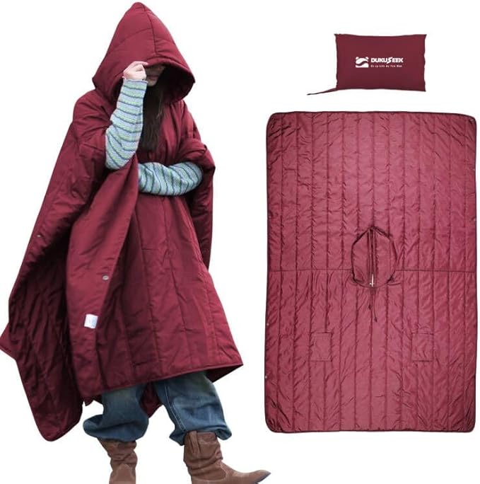 DUKUSEEK Outdoor Wearable Camping Blanket with Hood, Large Packable Backpacking Hooded Stadium Blankets, Lightweight Warm Quilt for Picnic, Hiking, Football, 79"x59", Navy Blue