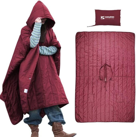 DUKUSEEK Outdoor Wearable Camping Blanket with Hood, Large Packable Backpacking Hooded Stadium Blankets, Lightweight Warm Quilt for Picnic, Hiking, Football, 79"x59", Navy Blue