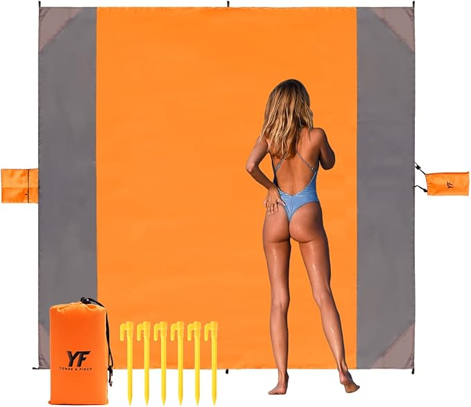 Yonge & Finch Large Beach Blanket Sandproof Heat-Resistent Beach Mat Machine Washable Camp Blanket Packable Pocket Blanket Waterproof Outdoor Blanket Fit 4-7 Persons 83 * 79inch Orange