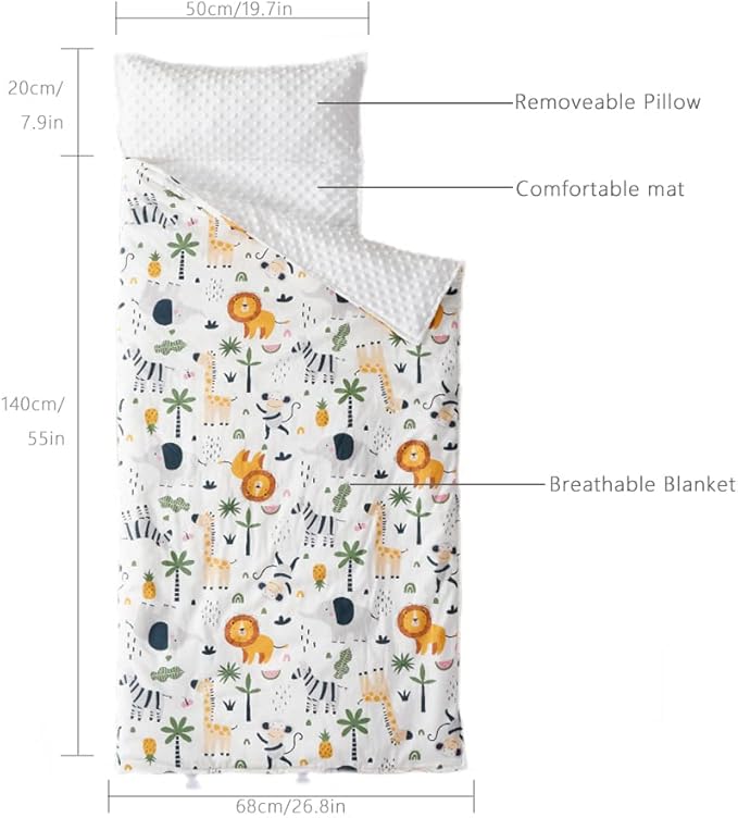 Bunnikins & Clover Toddler Nap Mat with Removable Pillow, Nap Mats for Preschool, Easy Clean Toddler Nap Pad for Kindergarten, Kids Sleeping Bag for Travel Camping