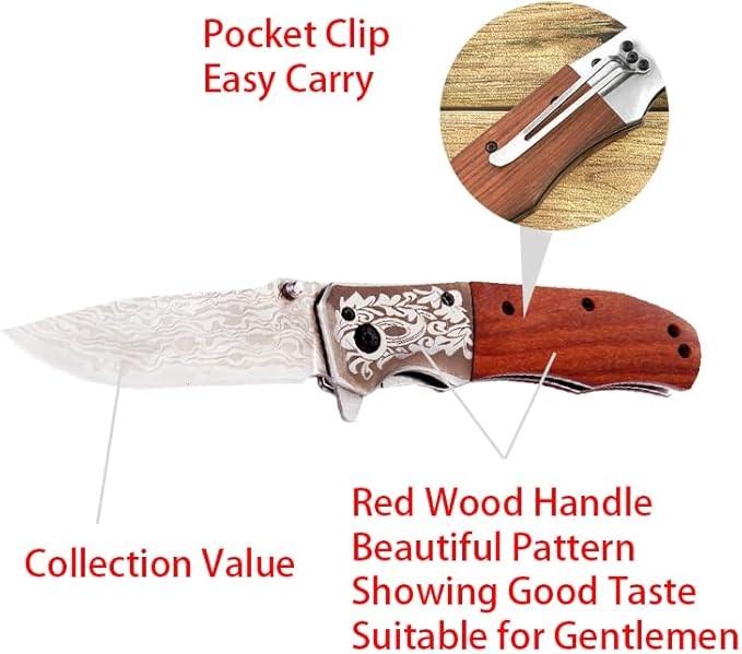 Pocket Folding Knife with 3.5”Stainless Steel blade and wood handle -Folding hunting camping Knife with liner-lock and pocket clip