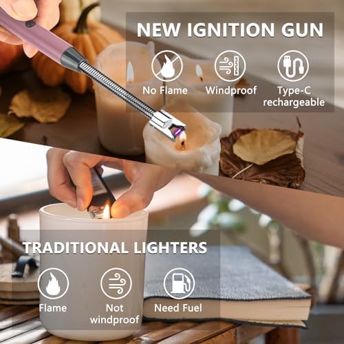 YOZWOO Candle Lighter USB Electric Lighter Rechargeable Arc Lighter with LED Display 360 ° Flexible Neck Flameless and Windproof Long Lighter for Outdoor Camping, Barbecue, Fireworks (Rose Gold)