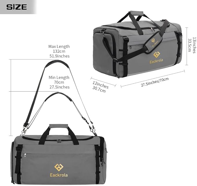 Eackrola Extra Large Sports Gym Bag, Travel Duffel bag with Wet Pocket & Shoes Compartment for men women, 85L, Lightweight (Light Gray)