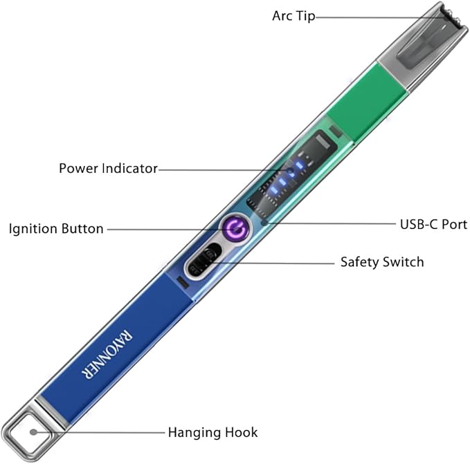 RAYONNER Electric Candle Lighter Plasma Arc Lighters Windproof & Flameless USB with Rechargeable Double Safety Switch for Candle BBQ Camping (1 Pack - Blue/Green Gradient)