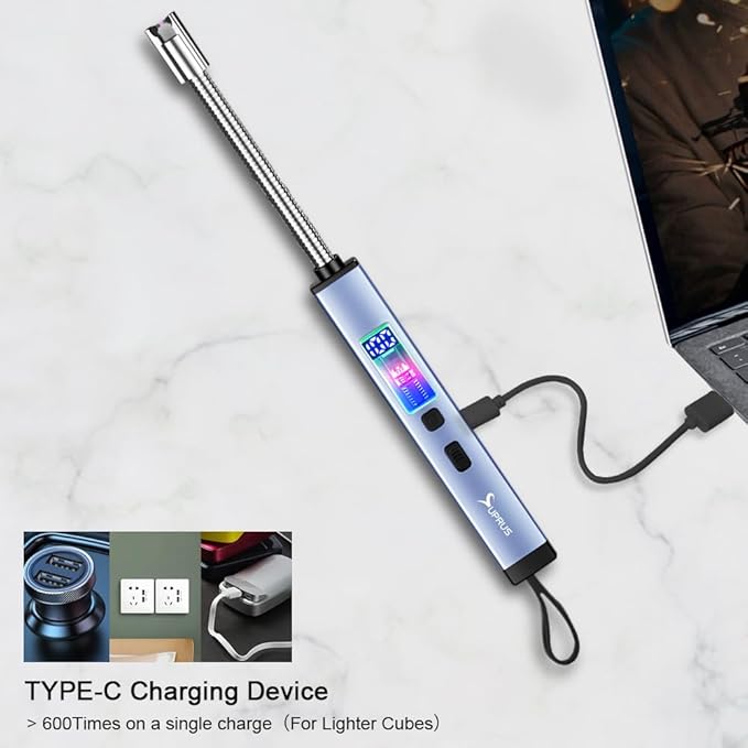 SUPRUS Electric Candle Lighter USB-C Rechargeable with Digital Battery Display Ambient Lighting Safety Switch 360° Flexible Neck Flameless Plasma Windproof Perfect for Candle BBQ Camping (Blue)