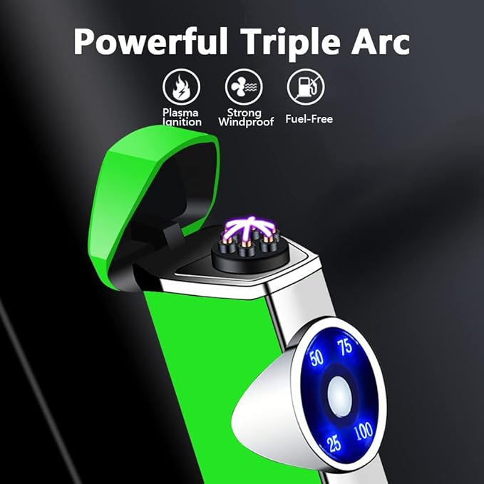 SKRFIRE Electric Lighter Rechargeable USB Lighter Triple Arc Plasma Lighter Outdoor Windproof Flameless Lighter Portable Cool Lighter with Digital Power Display for Candles, Fireworks, Incense(Green)