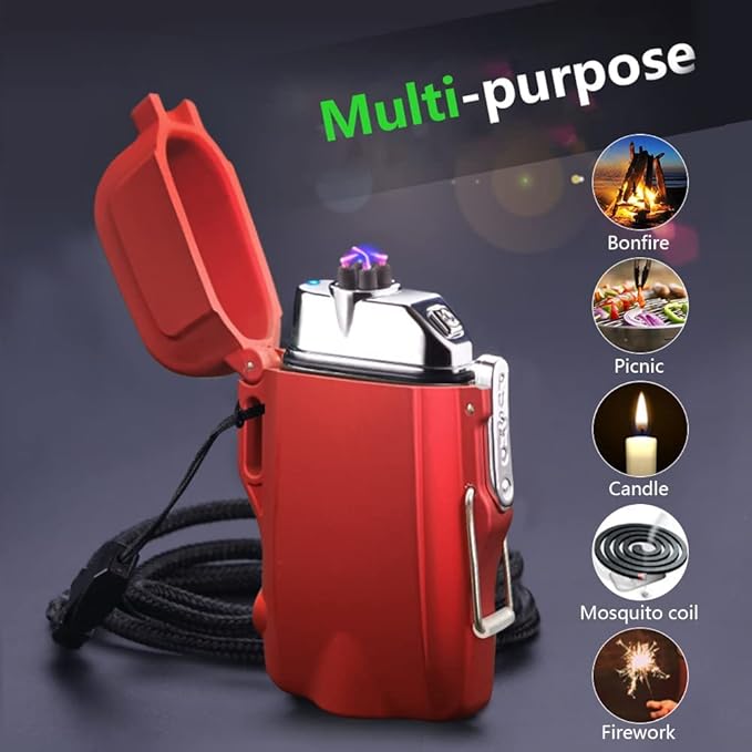 GADATOP Electric Lighter, Outdoor Waterproof Double arc Lighter Windproof Lighter, Rechargeable USB Lighter flameless Plasma Lighter with LED Torch with Lanyard, Suitable for Camping, Hiking (Red)