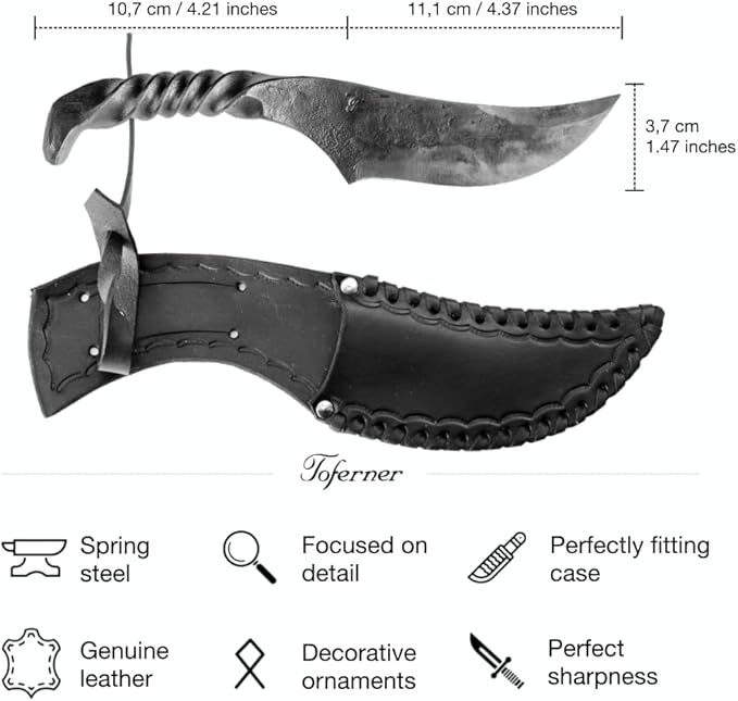 Toferner Hand Forged Knife Wolf Claw with Sheath, Vintage Knife for Antique Collection, Genuine Leather Case, Hardened Blade, Hand Made Craft, Gift Idea for Men (Black)