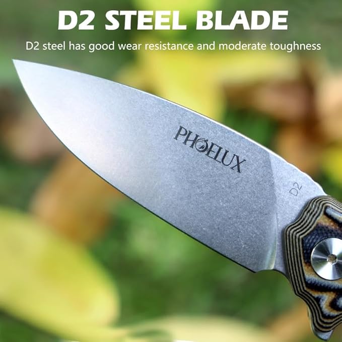 7.51" Pocket Folding Knife- D2 Blade and G10 Handle(Orange Feather Pattern) EDC Knife with Pocket Clip, Liner Lock and Waterproof Box, Good for Survival Camping, Outdoor, Hiking, Hunting