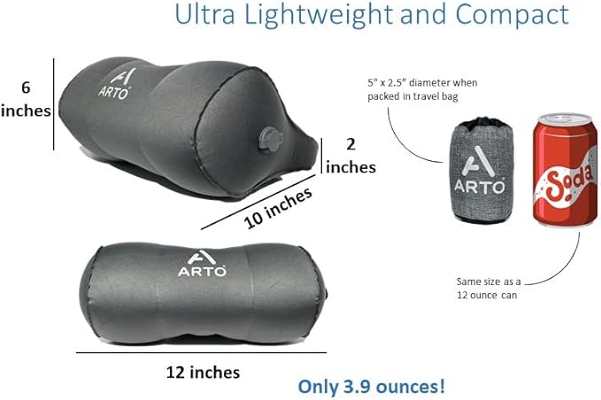 Arto Pillow- Inflatable- Ergonomic, lightweight, water-resistant, and durable Neck support for all sleeping positions. Perfect for camping, hiking, backpacking, and travel.