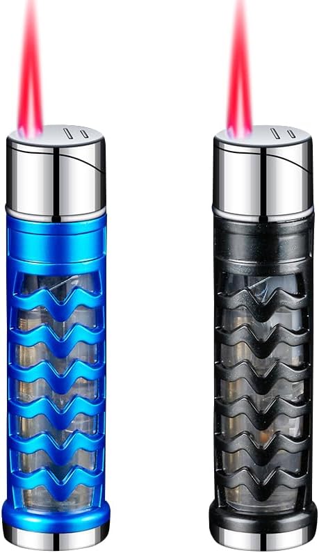 2 Pack Blue Black Cool Butane Torch Lighters,Refillable Adjustable Jet Flame Lighter,Windproof,Gift for Men Candles Camping BBQ (No Butane Fuel)