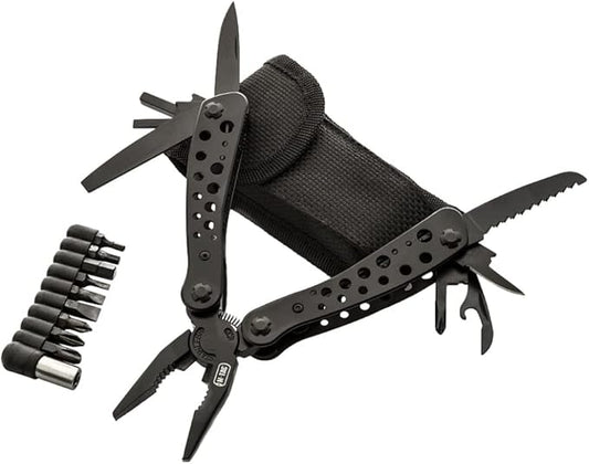 M-Tac Type 1 Multitool Screwdriver with 9 bits - 11-in-1 Stainless Steel Utility Tools with Knife Saw Pliers - EDC Outdoor Multi Tool in Nylon Case (Black)