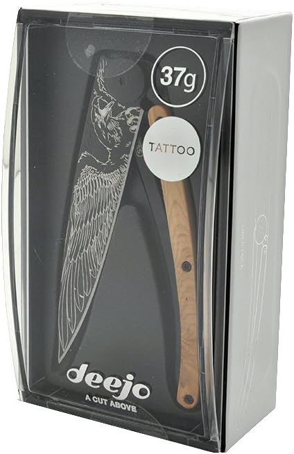 deejo Ultra Lightweight Folding Pocket Knife with Belt Clip - Juniper Wood Version 1.3 oz - Fine, Sharp Blade - Eagle Pattern - Black Titanium Coating Stainless Steel - Elegant and Modern Design