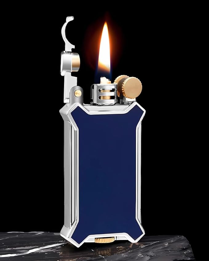 Candle Lighter Soft Flame Refillable Fluid Wheel Lighter Multipurpose Cool Vintage Lighters with Gift Box for Cooking Fireworks Camping Collection Gift (Blue)