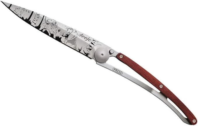 deejo - Ultra-Light Folding Pocket Knife with Belt Clip - 1.3 OZ Coral Wood Version - Thin and Sharp Blade - Hunting Day Pattern - in Stainless Steel - Elegant and Modern Design