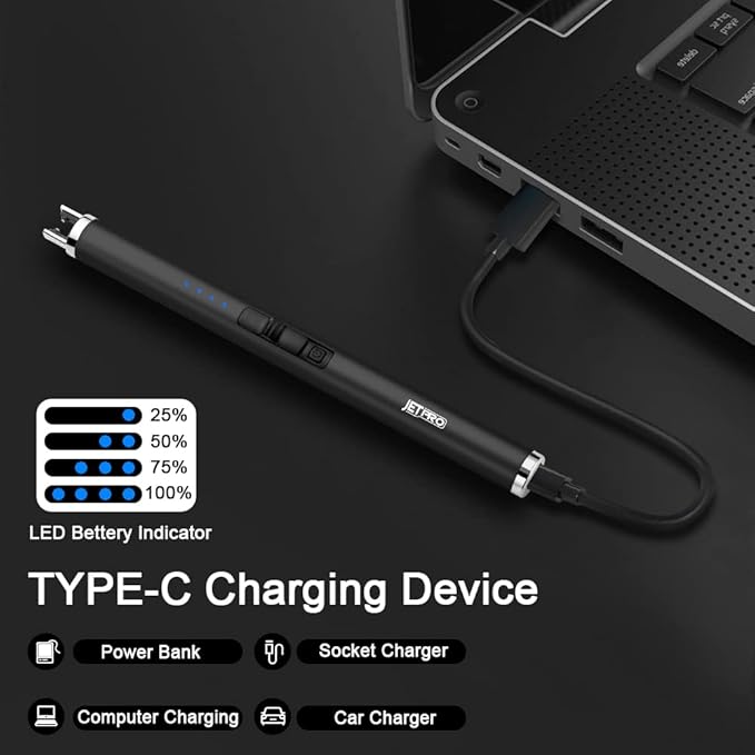 USB Rechargeable Candle Lighter Electronic Arc Lighter Windproof Flameless with Safety Button for Camping Cooking BBQ (Black)