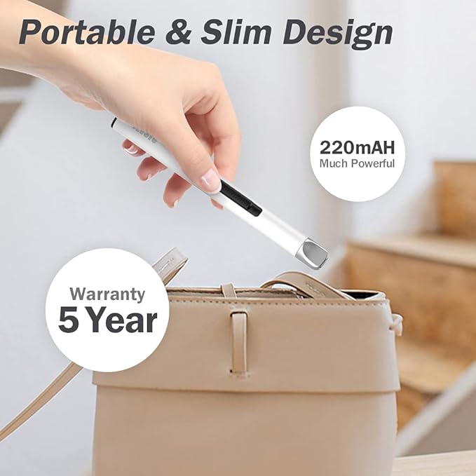 Candle Lighter, Electric Lighter USB Rechargeable Lighter, Arc Windproof Flameless Plasma Lighter Long Stick with Rope and Ring, Perfect for Candle BBQ Camping Kitchen Stove, White