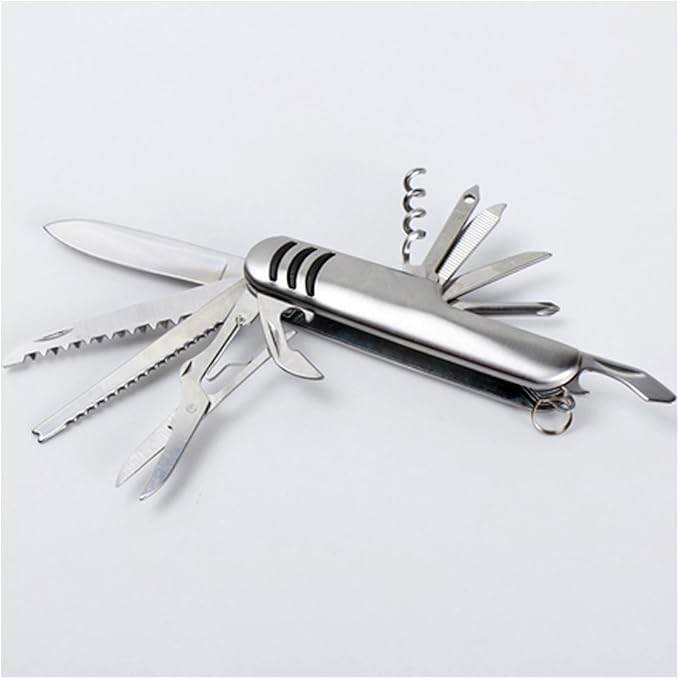 Multi Function Pocket Tools Chest Knife Stainless Steel with 11 features: knife, saw, double jagged, scissors, bottle opener, can opener, the screwdriver, file, the threading, scissors, red wine drill