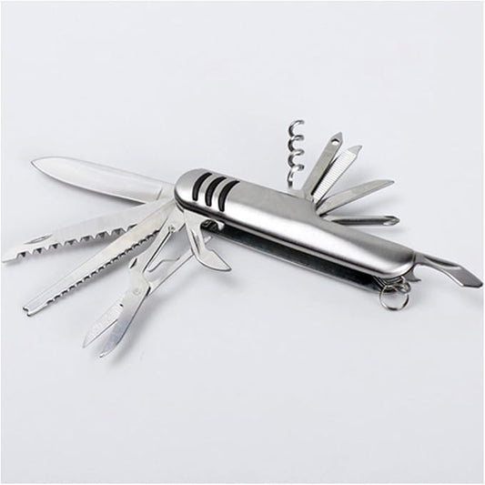 Multi Function Pocket Tools Chest Knife Stainless Steel with 11 features: knife, saw, double jagged, scissors, bottle opener, can opener, the screwdriver, file, the threading, scissors, red wine drill