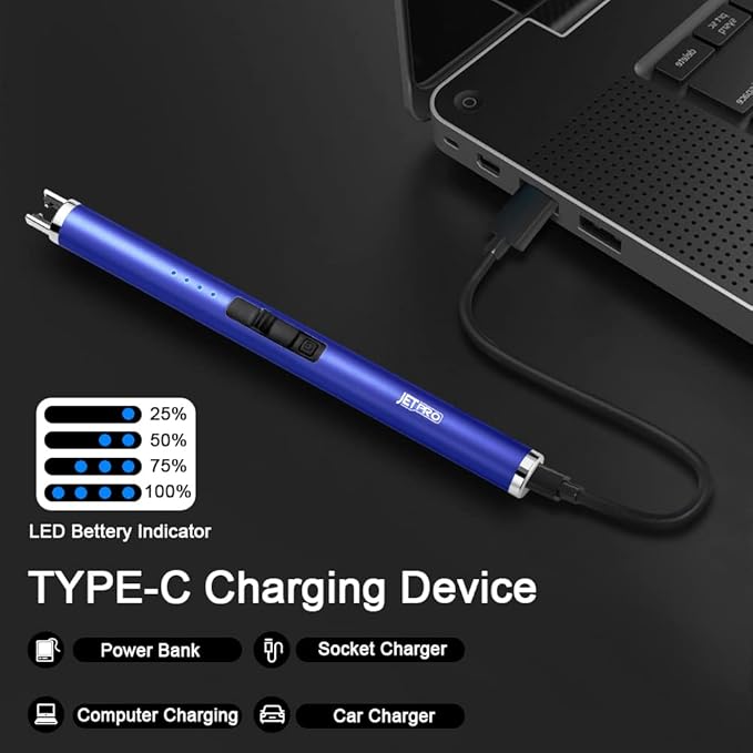 USB Rechargeable Candle Lighter Electronic Arc Lighter Windproof Flameless with Safety Button for Camping Cooking BBQ (Dark Blue)