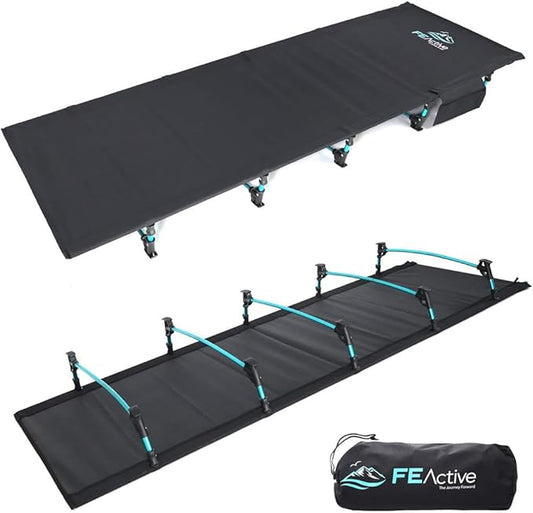 FE Active Folding Camping Cot - Lightweight, Compact & Portable Camping Bed, Comfortable Sleeping Cots for Adults & Kids - Camp Cot Fits Single Air Mattress Pad|Designed in California, USA