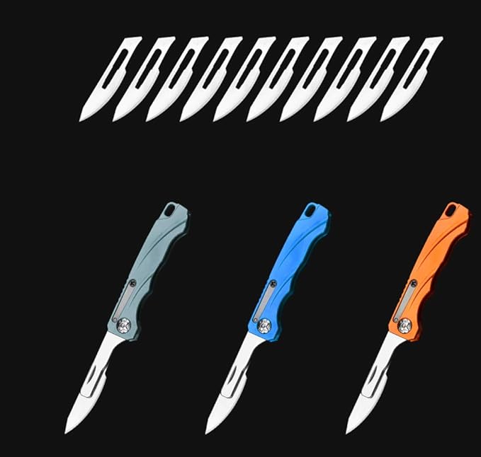 Mini EDC Pocket Knife,Aluminium Alloy Handle Carbon Steel Blade Folding Knife with 10 Extra Replaceable Blades,Portable Lightweight and Compact (Orange)