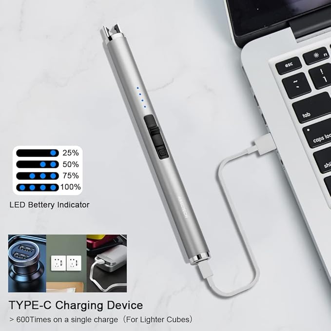 ARECTECH Lighter Rechargeable Lighter Electric Lighter Candle Lighter Arc Plasma Lighters for Candle Kitchen Camping Type-C Silvery