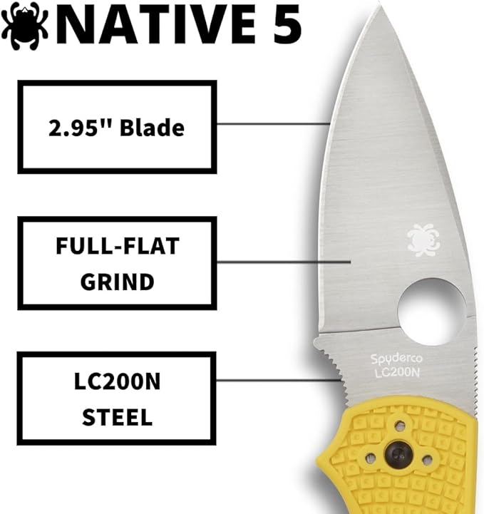 Spyderco Native 5 Salt Knife with 2.95" Corrosion-Resistant LC200N Steel Blade and Lightweight Yellow FRN Handle - PlainEdge - C41PYL5