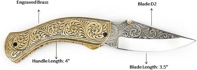 GLADIUS CRAFTS" Exquisite 7.5-inch Hand-Crafted Folding Knife - 3.5-inch D2 Steel Blade with 4-inch Hand-Engraved Brass Handle - Ideal for Collection, EDC Tool, or any other Practical Use - An Extraordinary Gift