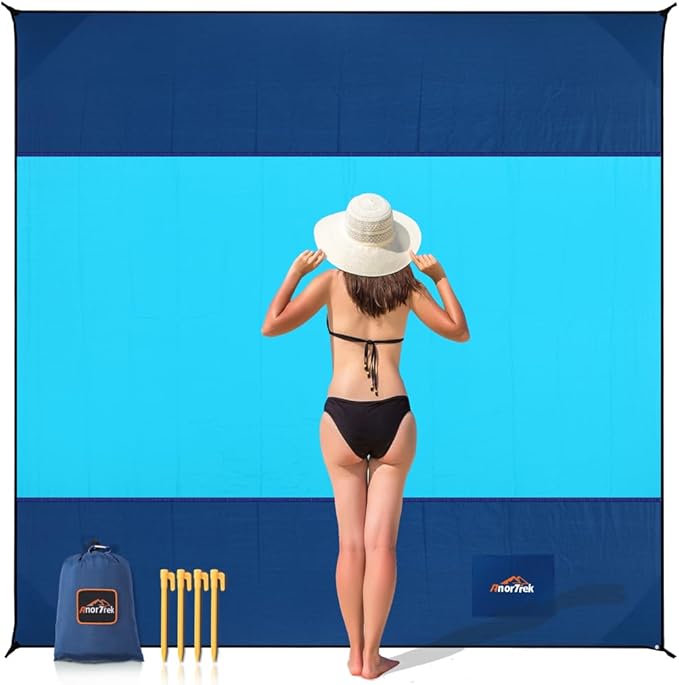 Beach Blanket Sandproof, Extra Large Beach Mat, Sand Free Mat Quick Drying, Lightweight, Soft & Durable Mat for Beach, Yard (Dark Blue & Blue, 6.6 x 6.6 FT (1~4 Person))