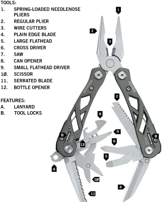 Gerber Gear Suspension 12-in-1 Needle Nose Pliers Multi-tool - Multi-Plier, Wire Cutter, Crosspoint and Flathead Screwdriver Set, Small Scissors - EDC Gear and Equipment - Gifts for Men - Gray
