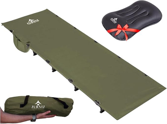 Ultralight Camping Cot with Inflatable Camping Pillow for Adults & Kids; Supports up to 330lbs; 4.85lbs Lightweight Portable Camping Bed for Hiking, Camping & Backpacking with Carry Bag (Green)