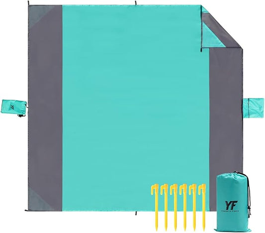 Yonge & Finch Large Beach Blanket Sandproof Heat-Resistent Beach Mat Machine Washable Camp Blanket Packable Pocket Blanket Waterproof Outdoor Blanket Fit 4-7 Persons 83 * 79inch Acid Blue
