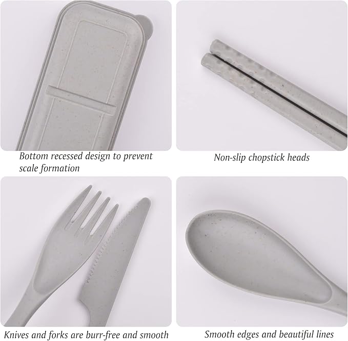 Travel Utensils with Case, Portable Wheat Straw Cutlery Set, Spoon Knife Fork Chopsticks Reusable Utensils for Travel Work Picnic Camping or Daily Use (7)