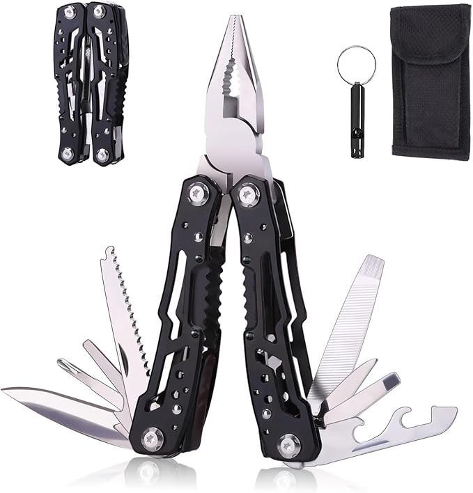 PS-12 14-In-1 Multitool with Safety Locking, Professional Stainless Steel Multitool Pliers Pocket Knife, Bottle Opener, Screwdriver with Nylon Sheath, Apply to Survival,Camping, Hunting and Hiking