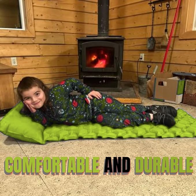 Kids Sleeping Pad for Camping and Sleepovers with Pillow, Inflatable Camping Mattress for Backpacking & Travel, Thick Toddler Cot Mat, Fast Inflating Camping Sleeping Pads for Kids