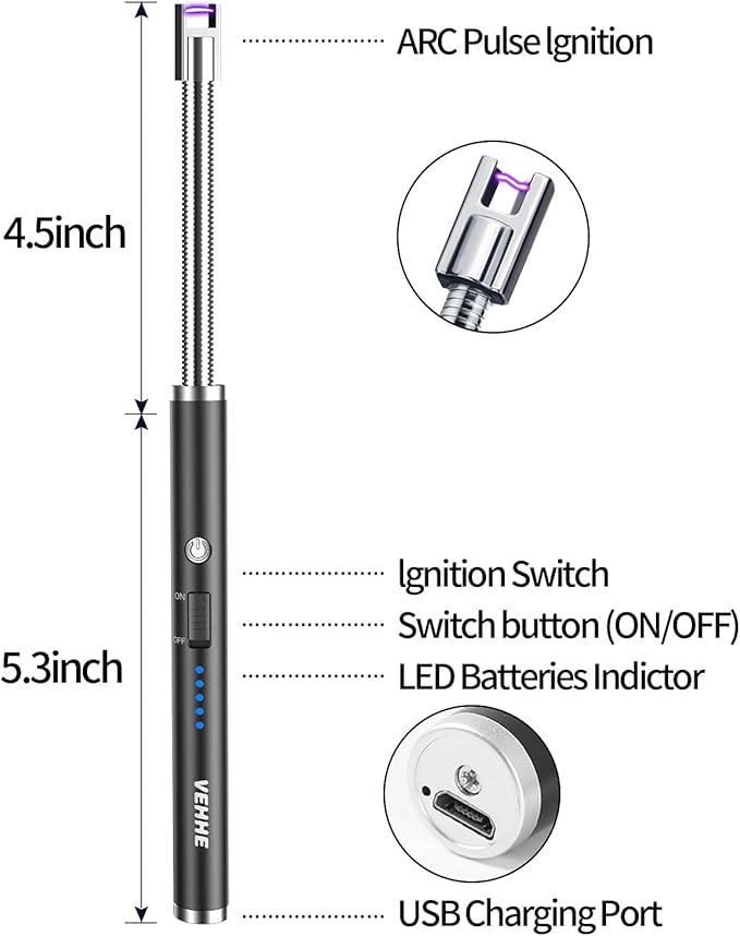 VEHHE USB Lighter, Candle Electric Lighter with Safety Lock Rechargeable Arc Lighter with LED Display, 360° Flexible Long Neck Lighters for Candles Grilling Cooking Barbecue Camping Windproof