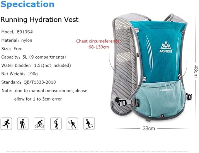 AONIJIE 5L Outdoor Sport Multifunctional Camping Backpack Cycling Running Climbing Hiking Hydration Vest Pack with 500ml Soft Flask