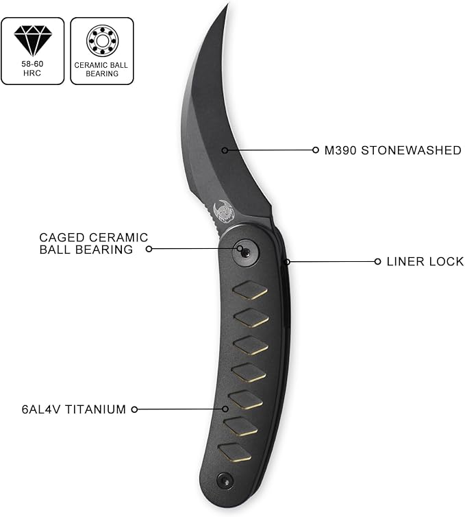 Knife Kage-C03 Front Flipper Knife,2.52" M390 Stonewashed Blade Pocket Knife,3.39" 6AL4V Titanium Handle,Ceramic Ball Bearing with Liner Lock,Outdoor Folding Knife (Gold)