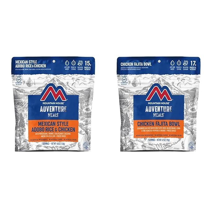 Mountain House Mexican Style Adobo Rice, Chicken, and Fajita Bowl Freeze Dried Backpacking & Camping Food Bundle (2 + 2 Servings)