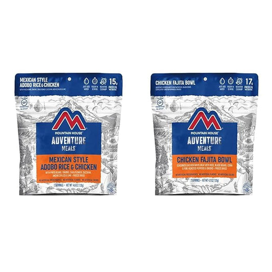 Mountain House Mexican Style Adobo Rice, Chicken, and Fajita Bowl Freeze Dried Backpacking & Camping Food Bundle (2 + 2 Servings)
