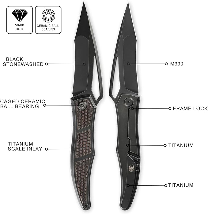 Knife Ripback Thumb Hole Knife,3.85" Stonewashed M390 Blade,4.84" Titanium Scale Handle Frame Lock Folding Knife,Reverse Grip Pikal Knife,4.63oz EDC Knife Pocketclip (Red)