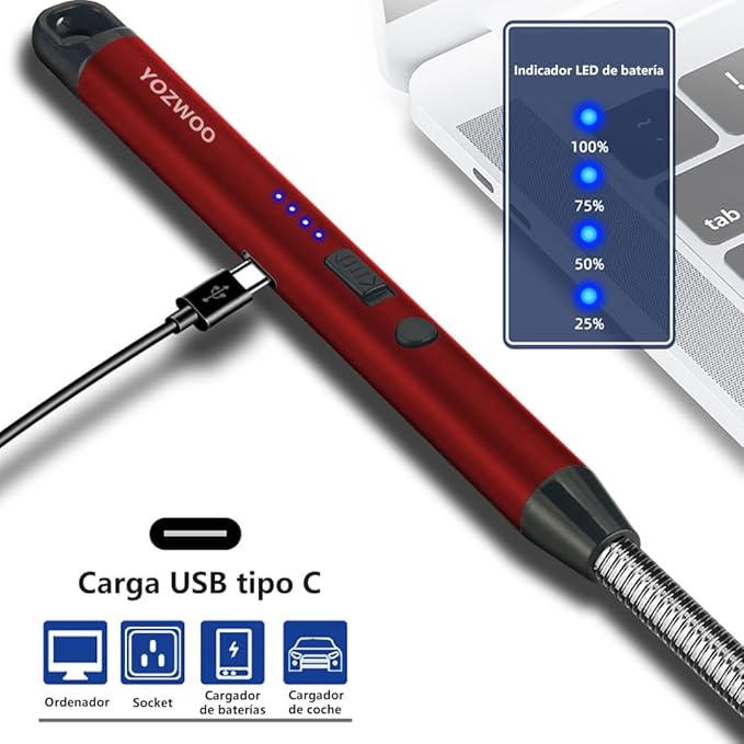YOZWOO Candle Lighter USB C Electric Lighter Rechargeable Arc Lighter with LED Display 360 ° Flexible Neck Flameless Windproof Electronic Long Lighter for Outdoor Camping, Barbecue, Fireworks (Red)