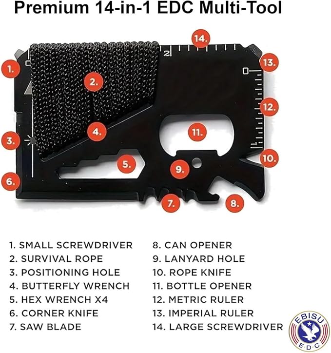 Premium 14-in-1 Survival Credit Card Multitool - Compact Multipurpose Everyday Carry Survival Pocket Tool - Multifunctional Saber Card