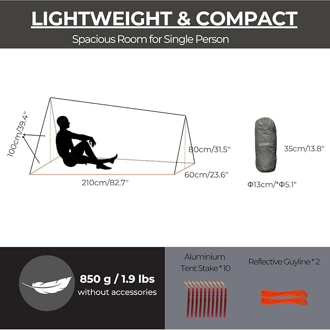 onewind 3 Season Backpacking Tent for Single Person, Ultralight Waterproof Silnylon Lightweight 1 Person Bushcraft Bivy Tent for Camping Backpacking Hiking, NO Trekking Pole