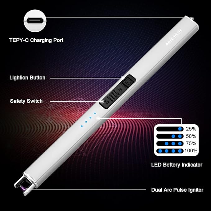 ARECTECH Lighter Electric Lighter Candle Lighter Rechargeable Type-C USB Lighter Plasma Arc Lighters for Candle Camping Kitchen Silvery