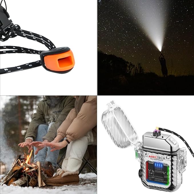 ARECTECH Electric Arc Dual Lighter Rechargeable Lighter 3 Modes of Flashlight Plasma Windproof Lighters Waterproof with Survival Emergency Whistle and Lanyard for Candle Outdoor Camping (Silver)