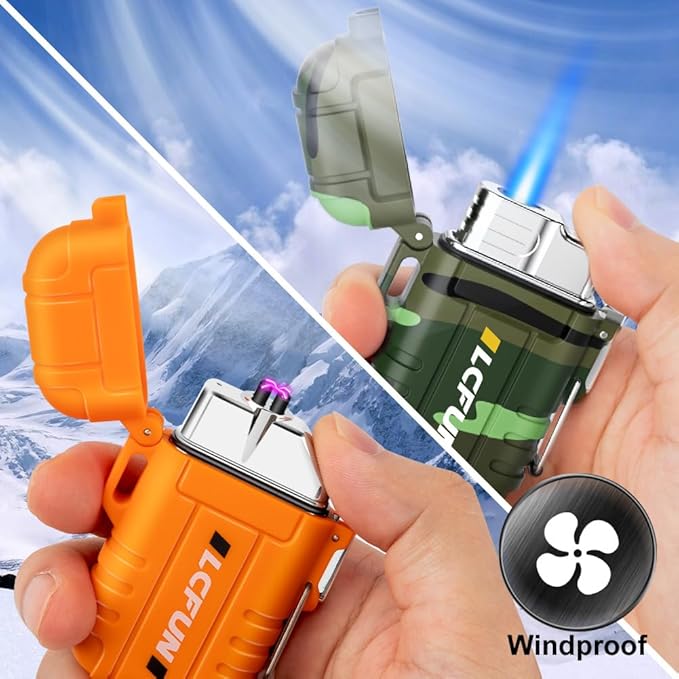 LcFun 2 Pack Waterproof Lighter, Windproof Torch Lighter Butane Refillable, Electric Dual Arc Lighter USB Rechargeable, Flameless Plasma Lighter with Whistle for Camping, Hiking, Survival Gear