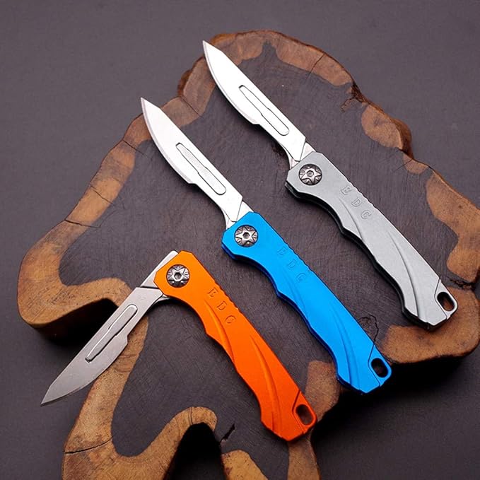 Mini EDC Pocket Knife,Aluminium Alloy Handle Carbon Steel Blade Folding Knife with 10 Extra Replaceable Blades,Portable Lightweight and Compact (Orange)