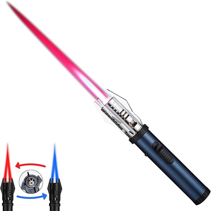 Torch Lighter, Bright Fire Lighter with Safety Lock and Adjustable Red/Blue Flame, Refillable Butane Gas Windproof Jet Flame Cool Lighters, for Candles Campfires BBQ Baking, Camping, Gift
